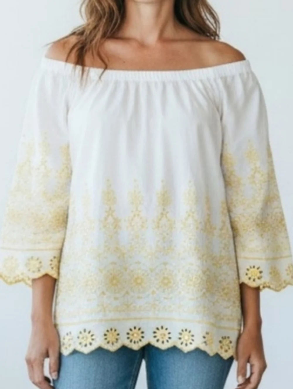 Talbots White Off-Shoulder Top with Yellow Embroidery SP